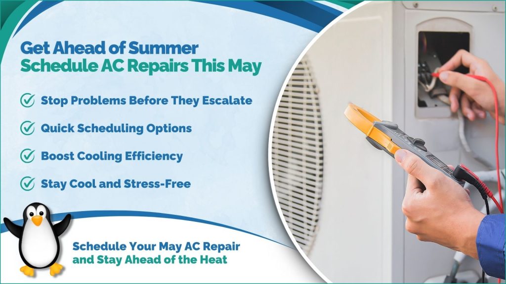 This is an image of an HVAC technician working on an AC unit at the headline reads get ahead of summer schedule AC repairs this may