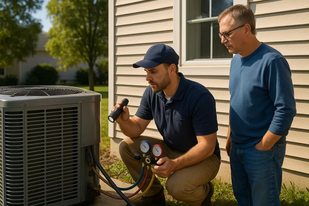 Technician inspecting refrigerant lines and compressor outdoors with tools