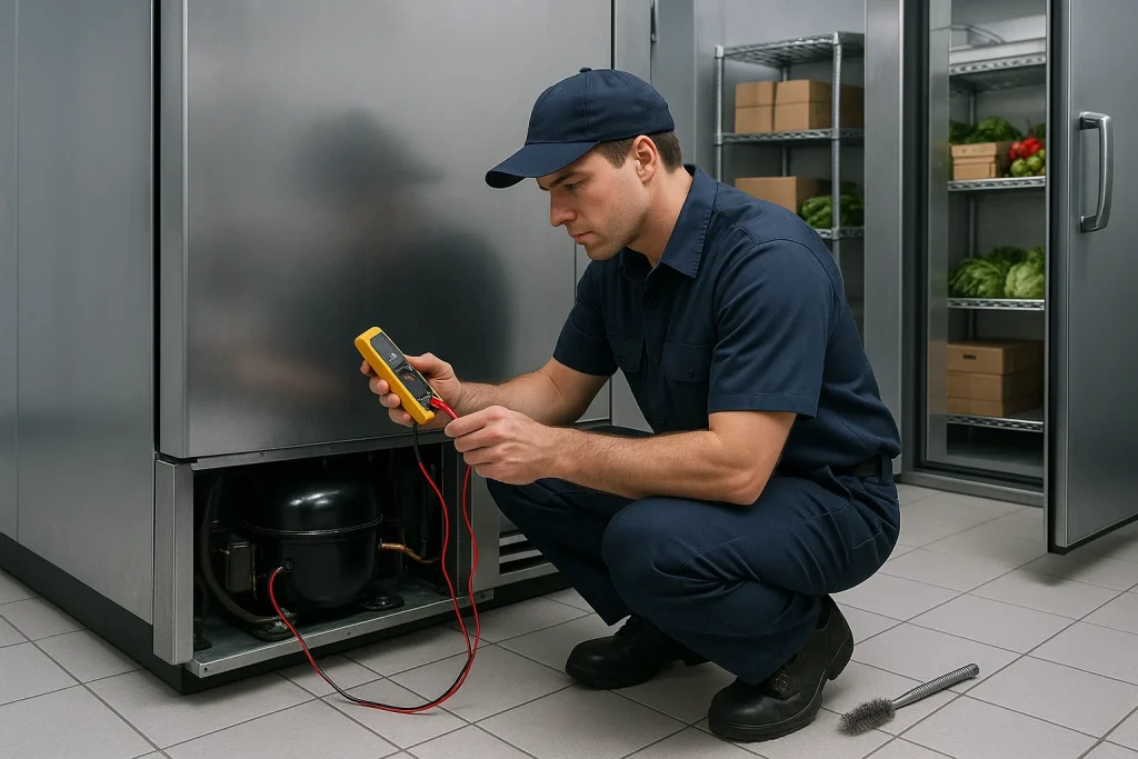 Technician checking walk-in cooler compressor and temperature