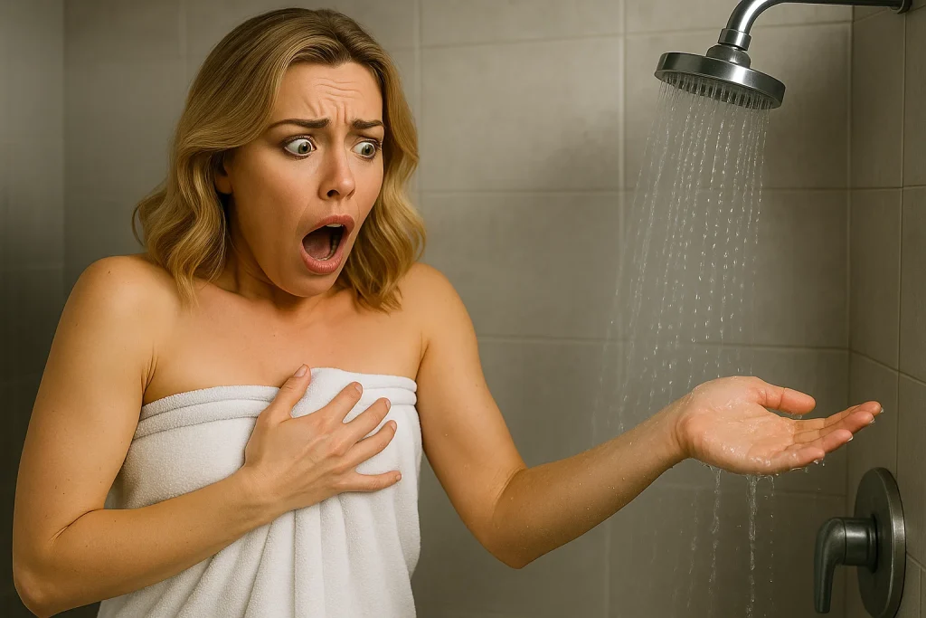 A woman shocked by the cold water as she tries to get to a shower