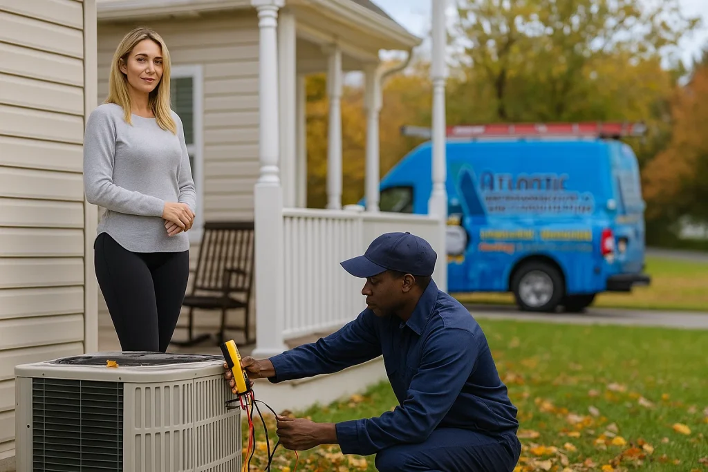 An HVAC tech servicing a heat pump as the homeowner watches.