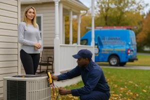 An HVAC tech servicing a heat pump as the homeowner watches.