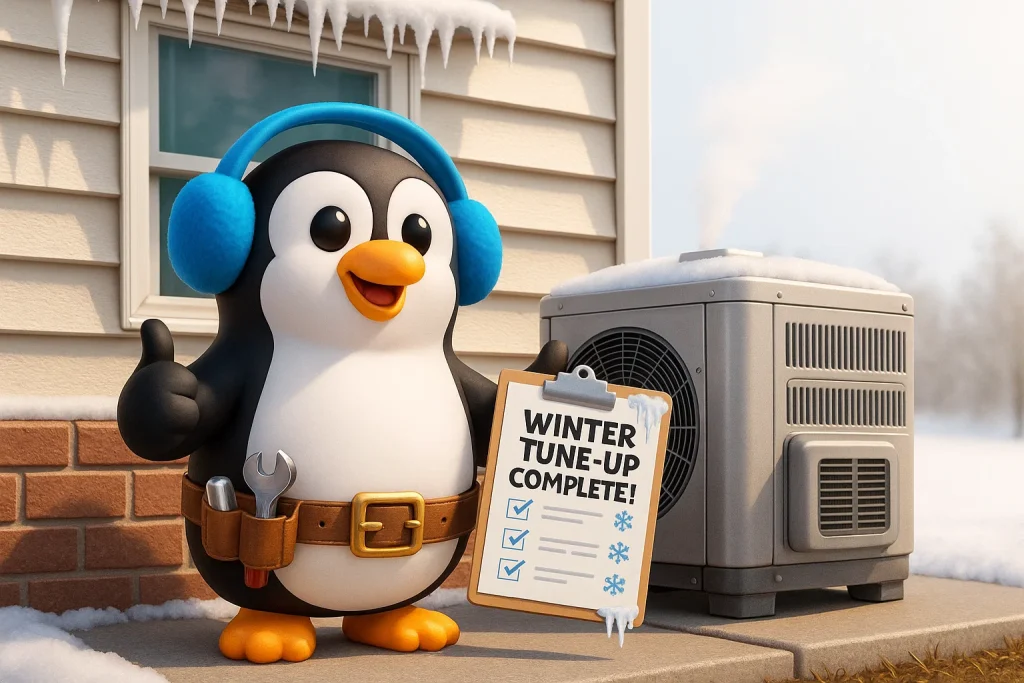Cartoon penguin in earmuffs gives thumbs-up beside HVAC unit after winter tune-up
