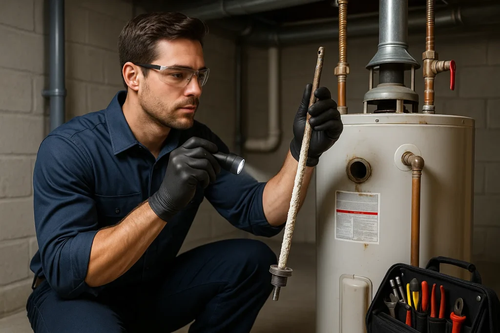 technician inspecting water heater anode rod for corrosion in Sussex County home