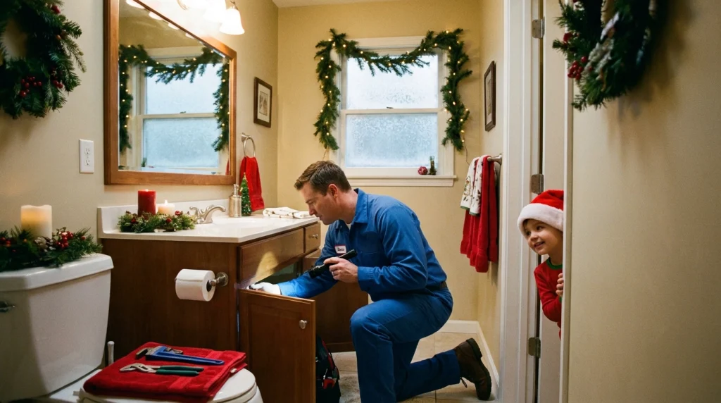 A plumber inspects bathroom pipes in a decorated home before holiday guests arrive.