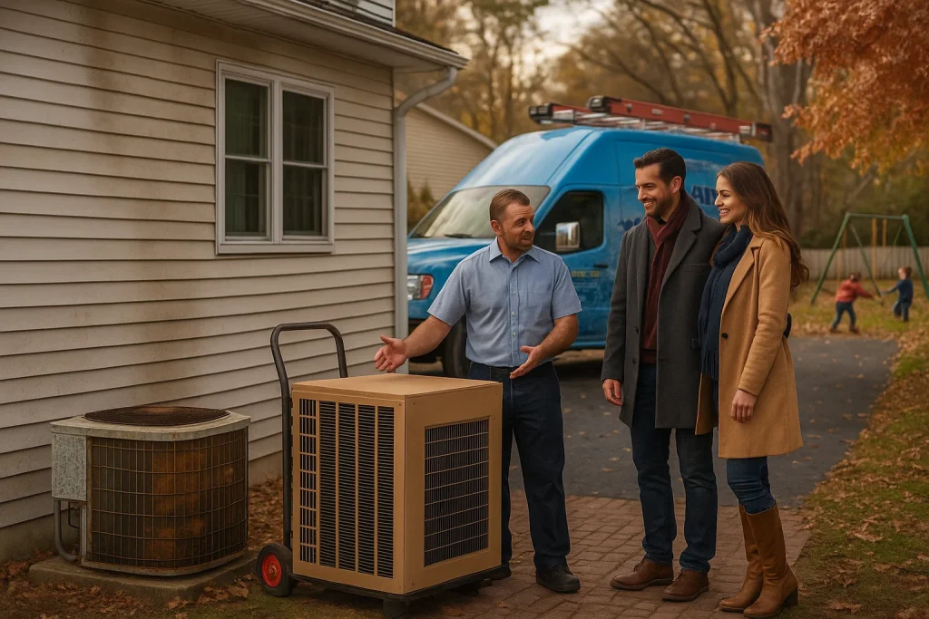 An HVAC tech showing a couple a new heat pump on the side of their house.