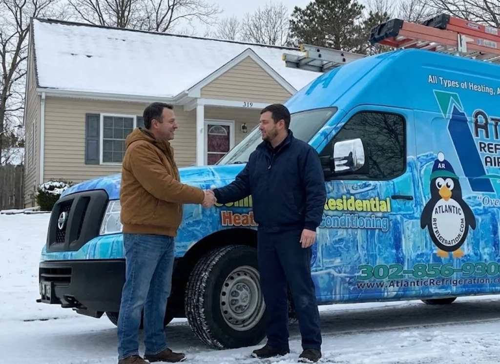 An HVAC tech and a homeowner shaking hands in the driveway.