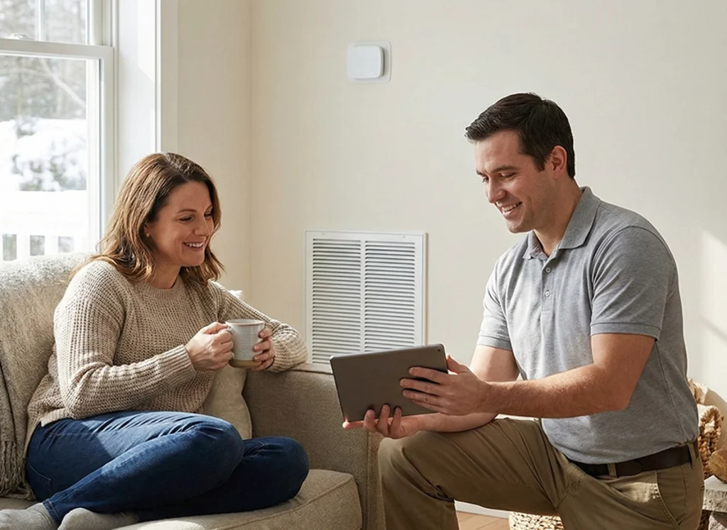 Homeowner reviewing HVAC upgrade options with technician in Sussex County living room