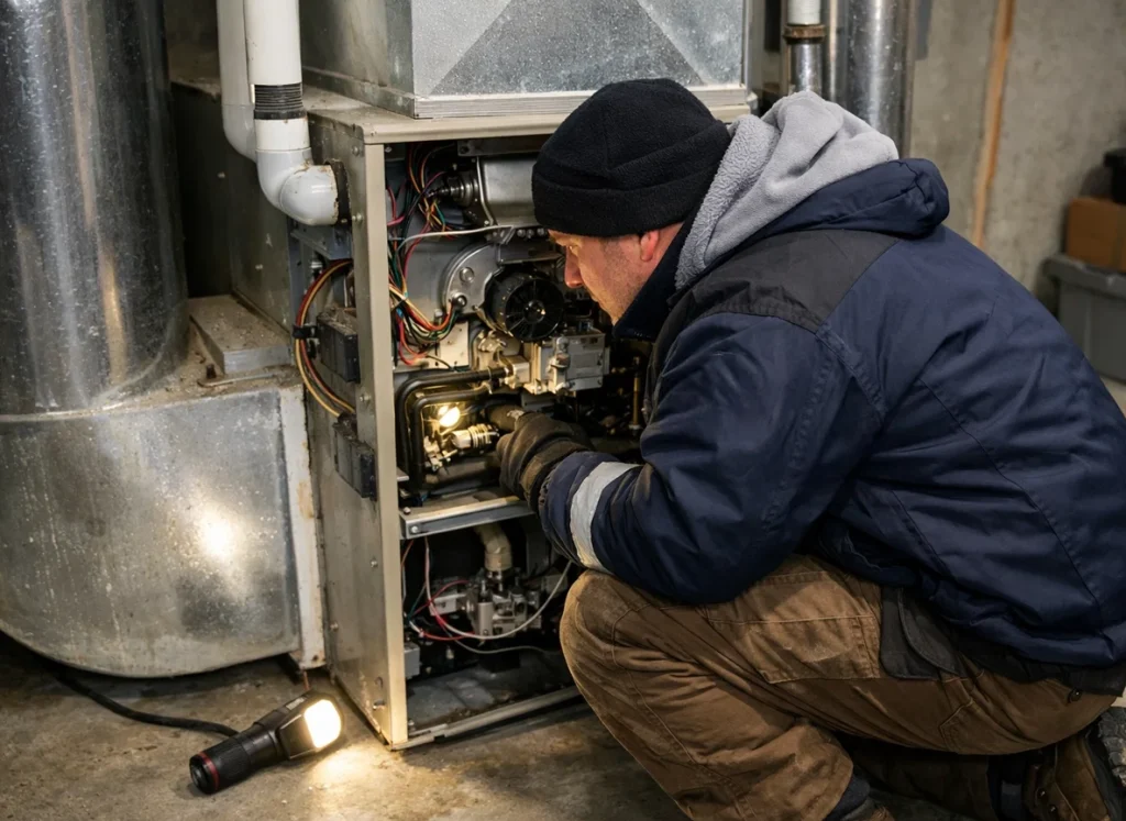 An HVAC technician servicing a furnace in homeowner's basement.