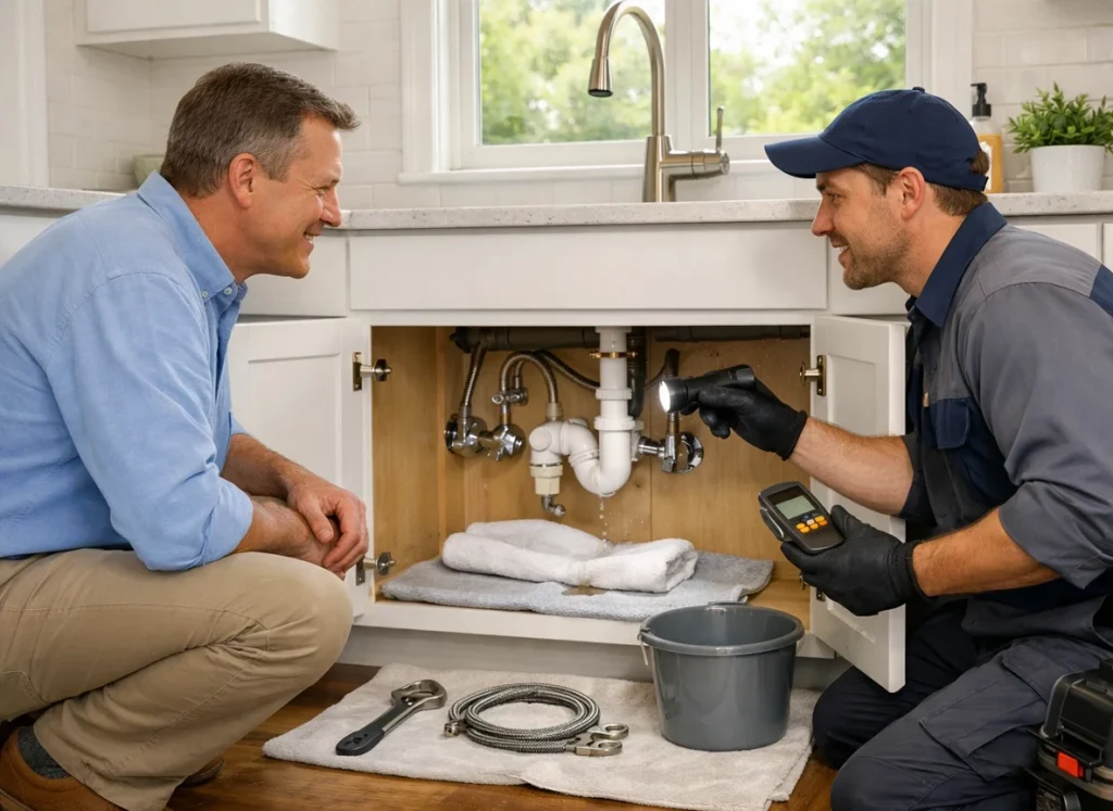 Homeowner and plumber preventing under-sink leak with routine maintenance in Sussex County Delaware