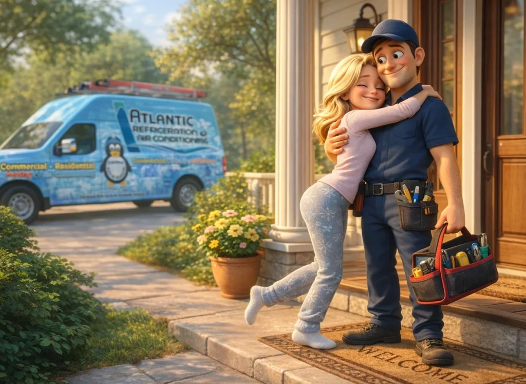 A cartoon style image of a female homeowner hugging in Atlantic HVAC technician