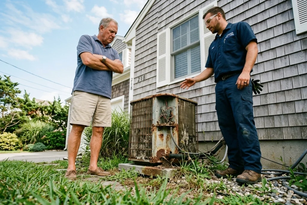 Homeowner discussing affordable AC replacement options with technician