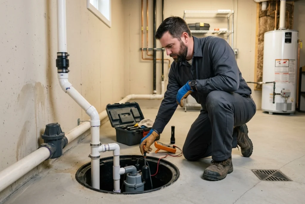 Plumber inspecting sump pump and drain system for flood risks.