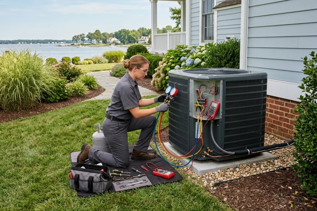 HVAC technician inspecting outdoor AC unit before summer