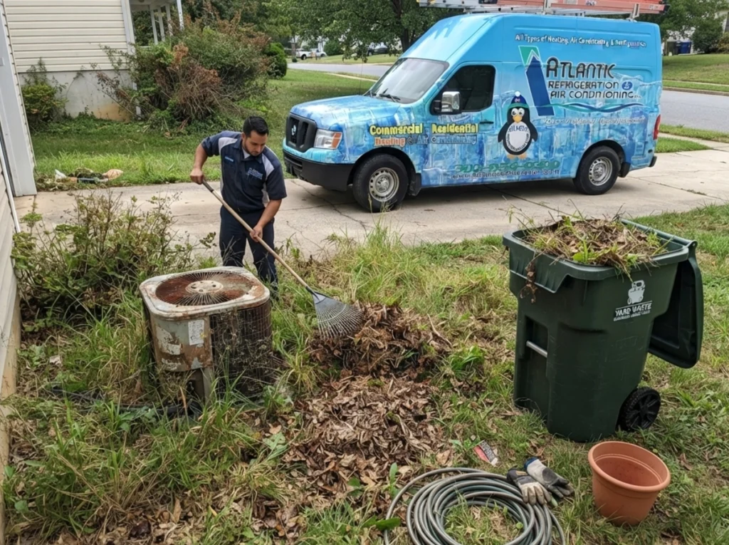 HVAC technician cleaning and testing an outdoor condenser in Delaware