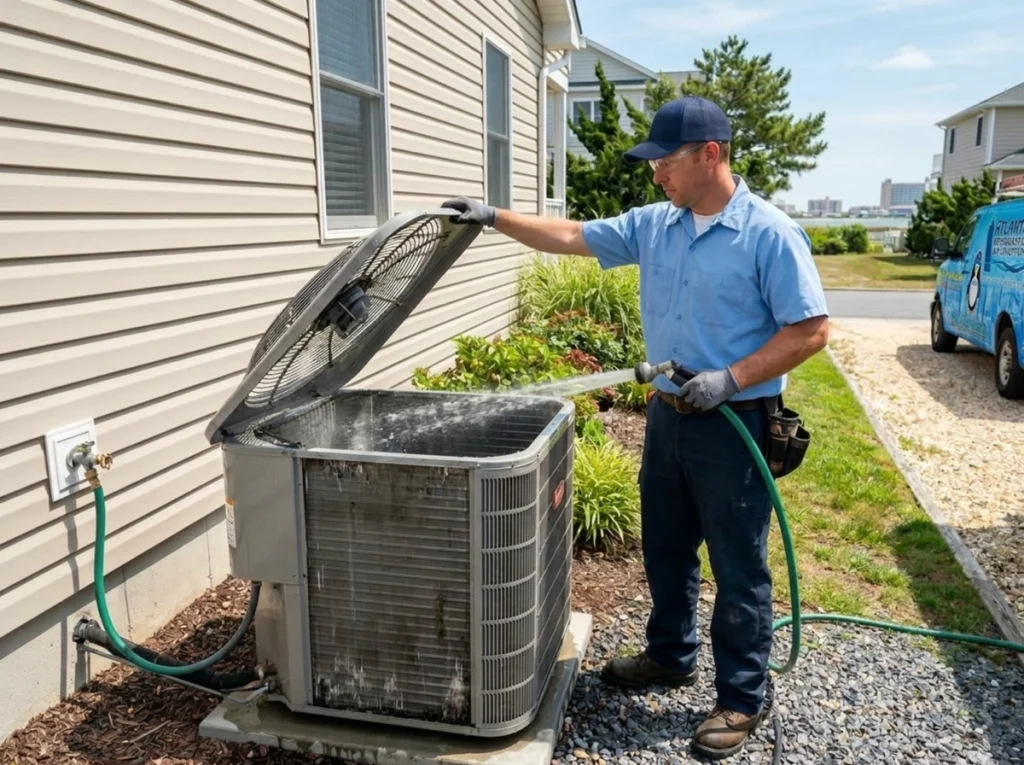 An HVAC tech servicing aan AC unit.